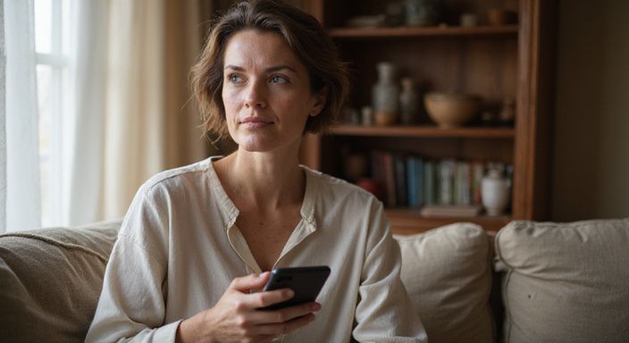 Een vrouw in haar veertig, ontspannen in een gezellige woonkamer. Een vrouw in haar veertig, ontspannen in een gezellige woonkamer.
