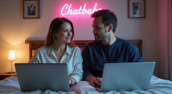 Een stel geniet van een ontspannen avond op hun bed met laptops. Een stel geniet van een ontspannen avond op hun bed met laptops.