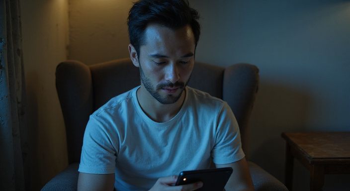 Een persoon leest geconcentreerd op hun smartphone in een eenvoudige kamer. Een persoon leest geconcentreerd op hun smartphone in een eenvoudige kamer.