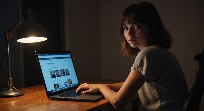 Een vrouw in een t-shirt zit geconcentreerd achter haar laptop. Een vrouw in een t-shirt zit geconcentreerd achter haar laptop en gaat sexchatten in België.