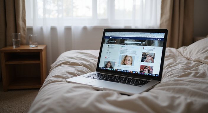 Een slaapkamer met een laptop en suggestieve chats op KinkyTijd. Een slaapkamer met een laptop en suggestieve chats op KinkyTijd.