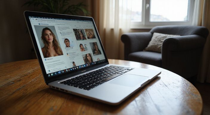 Een laptop toont een sekschatplatform op een houten bureau. Een laptop toont een sekschatplatform op een houten bureau.