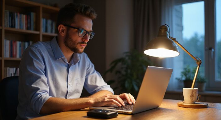 Een man in een thuiswerkplek kijkt geconcentreerd naar zijn laptop. Een man in een thuiswerkplek kijkt geconcentreerd naar zijn laptop en gaat sexchatten in België.