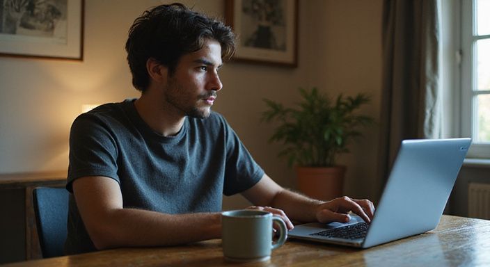 Jongvolwassene aan laptop, geconcentreerd op veilige online activiteiten. Jongvolwassene aan laptop, geconcentreerd op veilige online activiteiten.