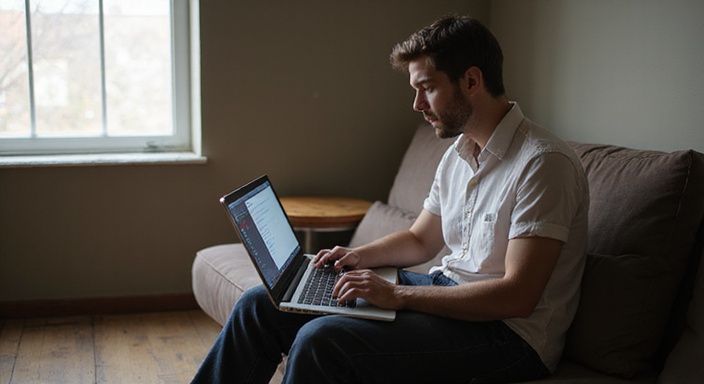 Een persoon zit ontspannen op een bank en gebruikt een laptop. Een persoon zit ontspannen op een bank en gebruikt een laptop om te sexchatten in België.