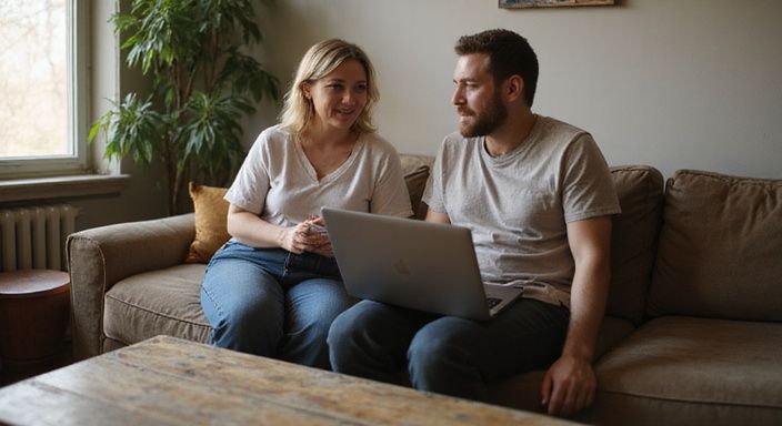 Een man en vrouw zitten samen ontspannen op een bank met een laptop. Een man en vrouw zitten samen ontspannen op een bank met een laptop en gaan sexchatten in België.