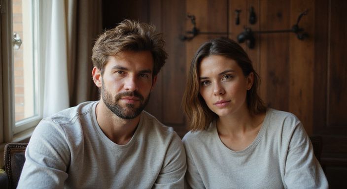 Een man en vrouw videobellen in een intieme, stijlvolle ruimte. Een man en vrouw videobellen in een intieme, stijlvolle ruimte.