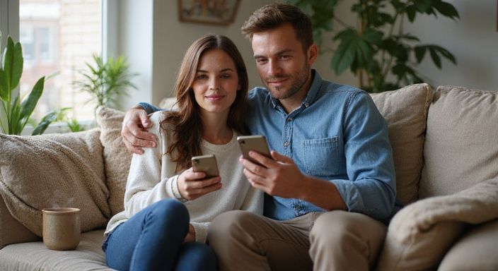 Een jong stel ontspant samen op een bank met smartphones. Een jong stel ontspant samen op een bank met smartphones en willen sexchatten in België.