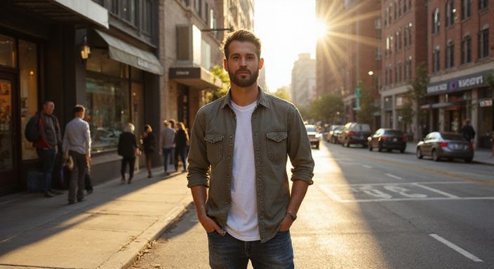 Een persoon in casual kleding in een levendige straatomgeving. Een persoon in casual kleding in een levendige straatomgeving.