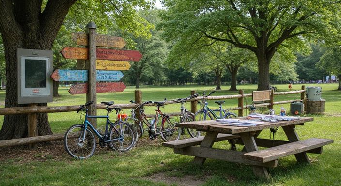 Een gemeenschapspark met houten borden, fietsen en evenementinformatie.