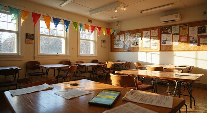 Een gezellige gemeenschapsruimte met posters, meubels en smartphones.