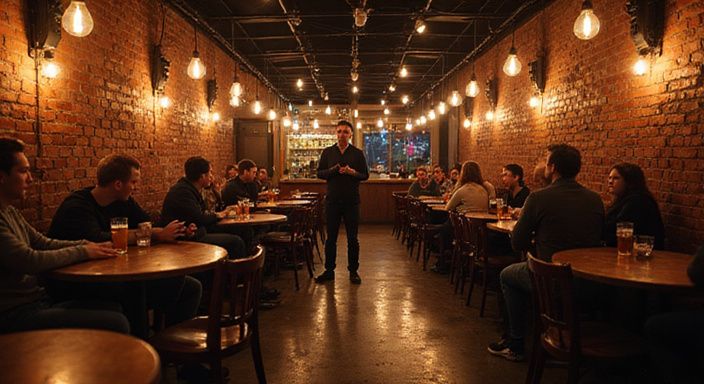 Candid sfeer in comedyclub met lachende volwassenen en natuurlijke associaties.