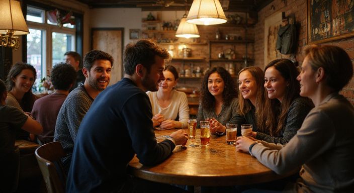 Een groep vrienden geniet van oprechte interactie in een café.