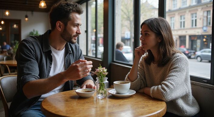 Een man en vrouw genieten van een gesprek over dating in Vlaanderen in een café.