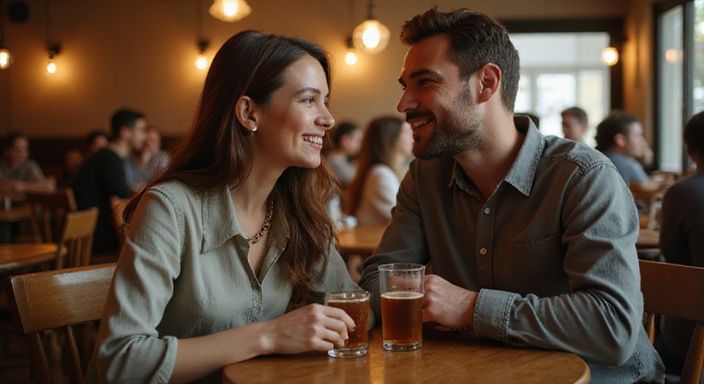 Twee mensen genieten van een ontspannen gesprek over dating in Vlaanderen tijdens speed dating.