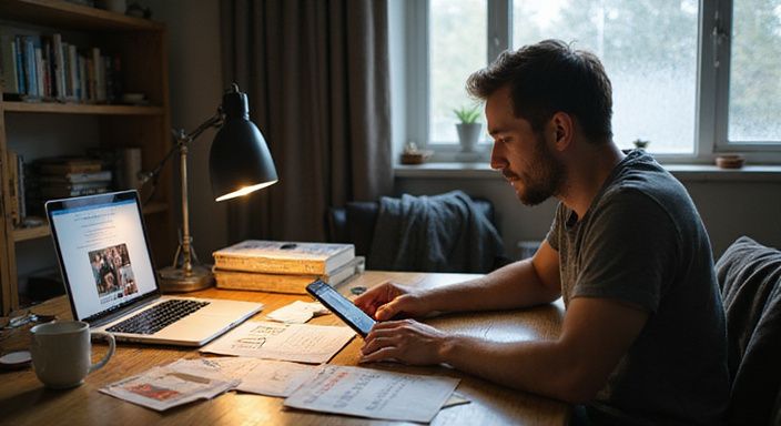 Een man in een rommelig appartement zoekt connecties via dating-apps.