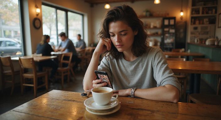 Een contemplatieve jonge vrouw zit alleen in een café met haar smartphone.