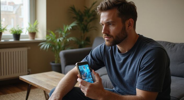 Een man in een ontspannen houding kijkt geconcentreerd naar zijn smartphone.