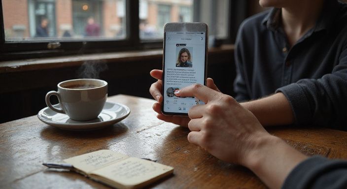 Een persoon kijkt naar een datingapp voor dating Vlaanderen in een café.