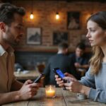 Een jong stel in een café kijkt aandachtig naar hun telefoons