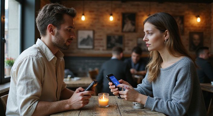 Een jong stel in een café kijkt aandachtig naar hun telefoons tijdens dating in Vlaanderen.