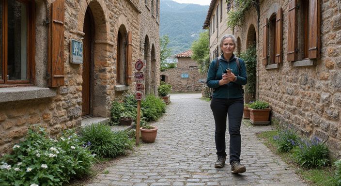 Een middelmatige vrouw wandelt zorgvuldig over oude, ongelijke cobblestones.