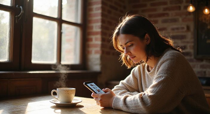 Een jonge vrouw is verdiept in haar smartphone in een café en op zoek naar dating in Vlaanderen.