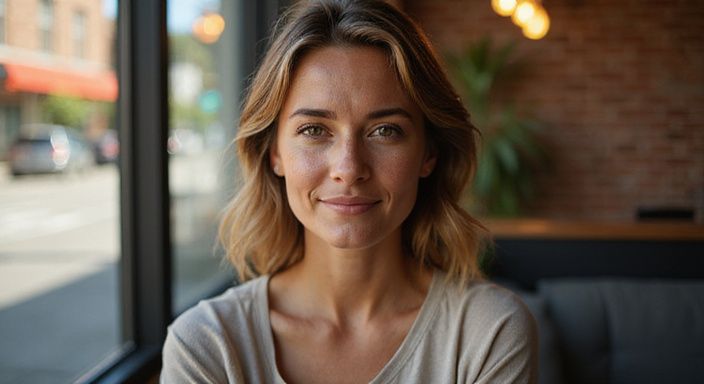 Een candid portret van een vrouw met een warme glimlach die wil flirten in Vlaanderen.