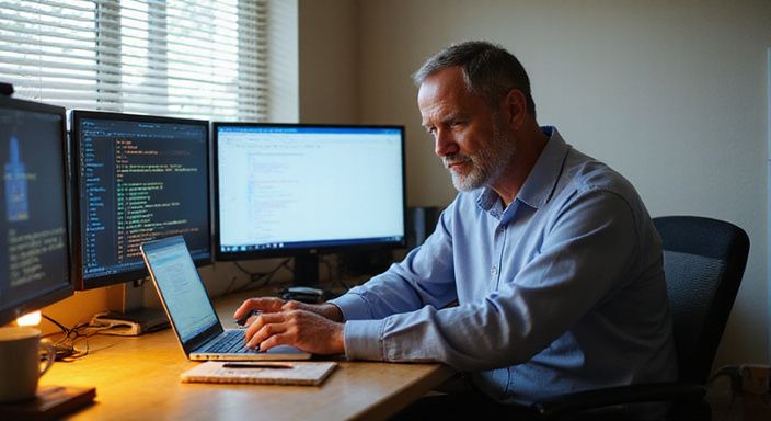 Een vermoeide man werkt geconcentreerd achter zijn laptop op een bureau. Een vermoeide man werkt geconcentreerd achter zijn laptop op een bureau.