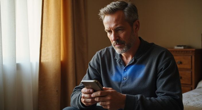 Een man in zijn vijftig, zittend en bezig met zijn smartphone. Een man in zijn vijftig, zittend en bezig met zijn smartphone.