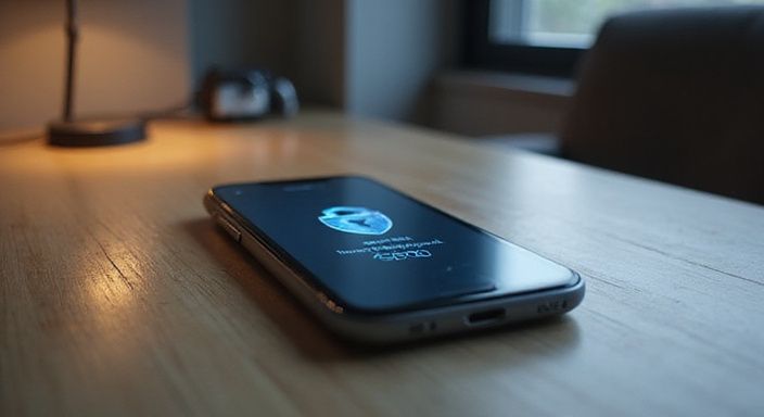 Een smartphone op een minimalistisch bureau met een beveiligingsinterface. Een smartphone op een minimalistisch bureau met een beveiligingsinterface.