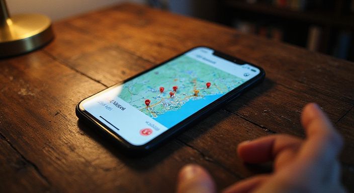 Een smartphone op een verouderde tafel toont een topografische kaart. Een smartphone op een verouderde tafel toont een topografische kaart.