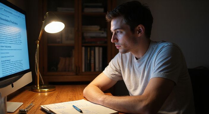 Een jonge persoon verdiept in technologie en privacyprotocollen aan een bureau. Een jonge persoon verdiept in technologie en privacyprotocollen aan een bureau.