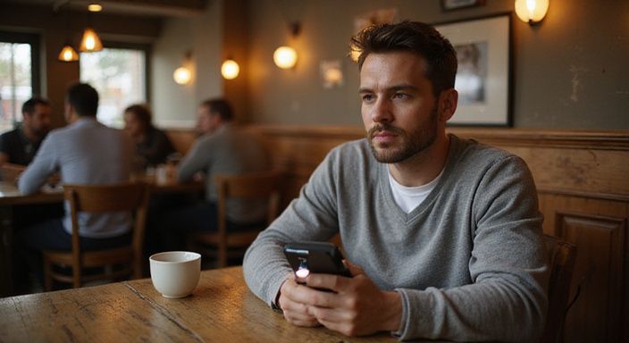 Een man zit alleen in een koffiehuis, verdiept in zijn telefoon. Een man zit alleen in een koffiehuis, verdiept in zijn telefoon en wil discreet contact in Vlaanderen.