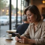 Een vrouw van in de veertig zit alleen in een café