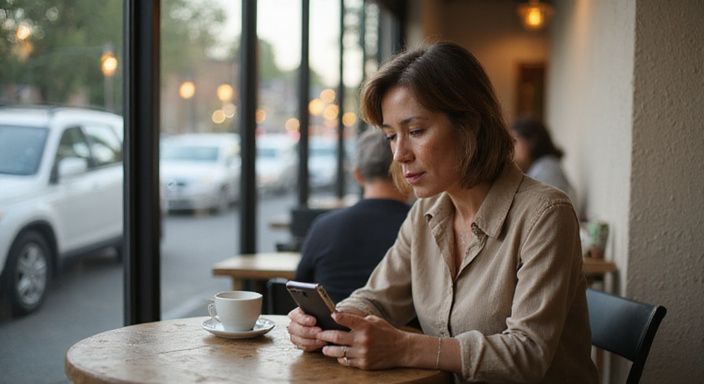 Een vrouw van in de veertig zit alleen in een café. Een vrouw van in de veertig zit alleen in een café en wil discreet contact in Vlaanderen.