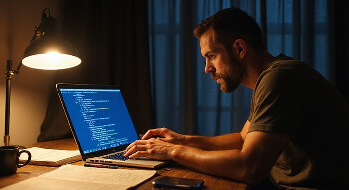 Een man werkt geconcentreerd aan zijn laptop in een thuis kantoor. Een man werkt geconcentreerd aan zijn laptop in een thuis kantoor.