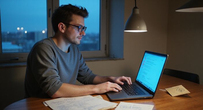 Een persoon werkt geconcentreerd aan privacy-instellingen op hun laptop. Een persoon werkt geconcentreerd aan privacy-instellingen op hun laptop en zoekt discreet contact in Vlaanderen.