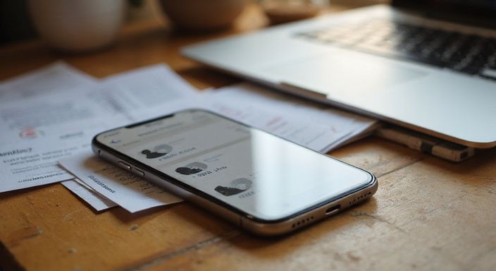 Een smartphone op een houten bureau toont een datingapp voor erotisch contact in Mechelen.