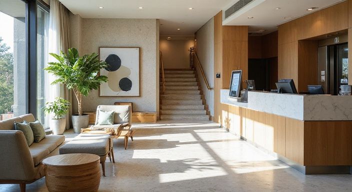 Moderne hotel lobby met minimalistisch design en elegante meubels.