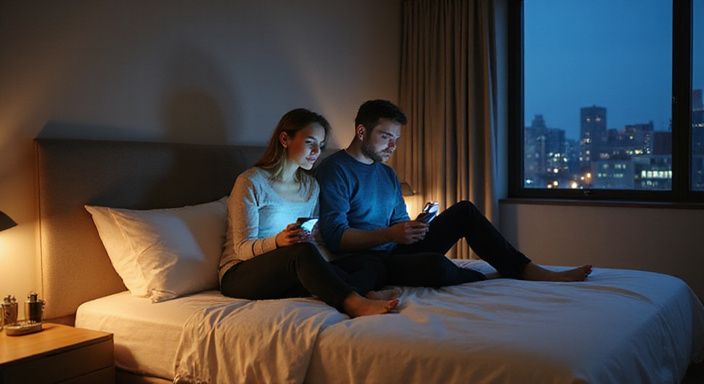 Een vrouw en een man onderzoeken een datingprofiel voor erotisch contact in Mechelen in hotelkamer.