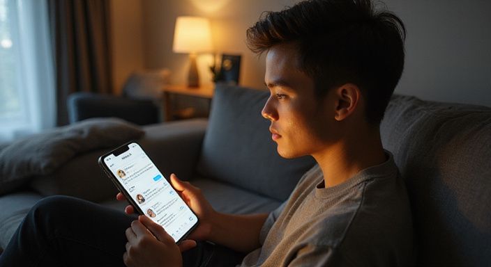 Een jongvolwassene bekijkt een datingapp op hun smartphone.