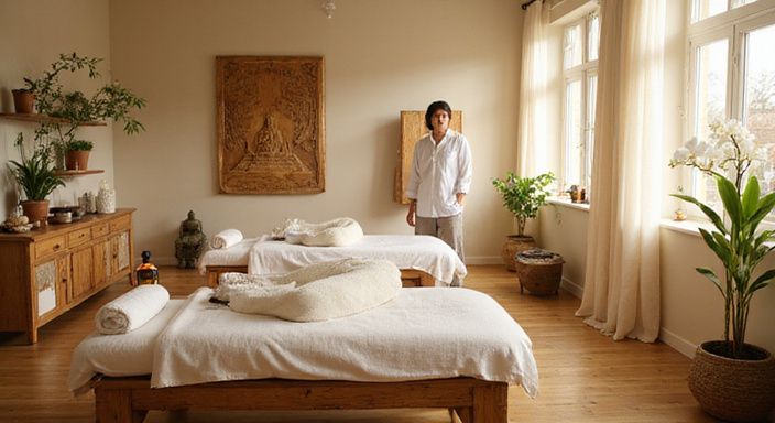 Een sfeervolle Thaise massagesalon met authentieke decoraties en comfortabele behandelingstafels.