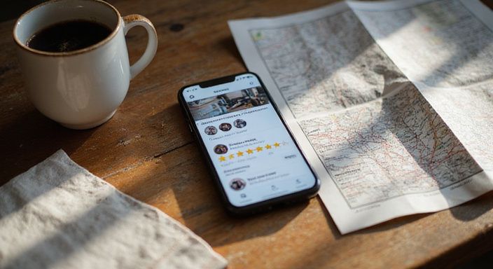 Een smartphone op een verweerd bureau met koffie en brochures.