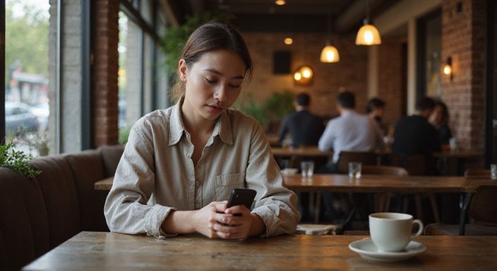 Een vrouw zit alleen aan een tafel in een café en wil erotisch contact in Mechelen.