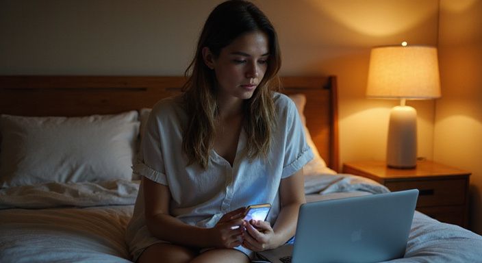 Een vrouw in ontspannen kleding zit op een platformbed met een smartphone.
