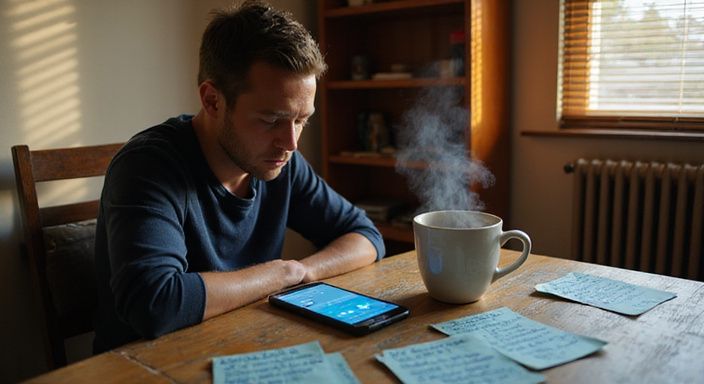 Een jongvolwassene concentreert zich op een datingapp terwijl hij koffie drinkt.