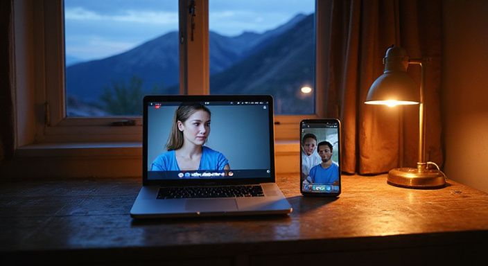 Een smartphone en MacBook Pro staan op een verweerd eiken bureau.