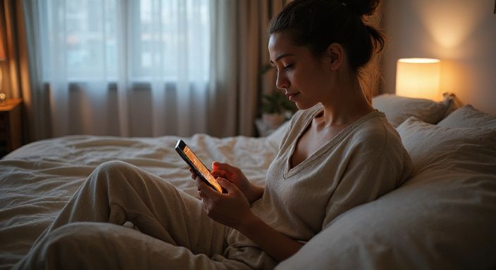 Een vrouw in de twintig verdiept zich in een datingapp voor erotisch contact in Mechelen.