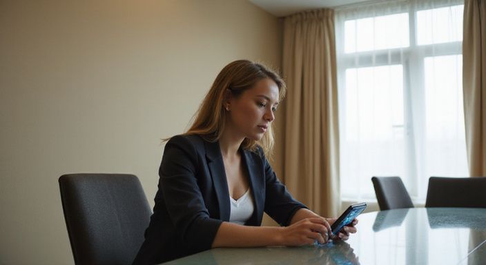 Een vrouw zit geconcentreerd in een minimalistische vergaderkamer.